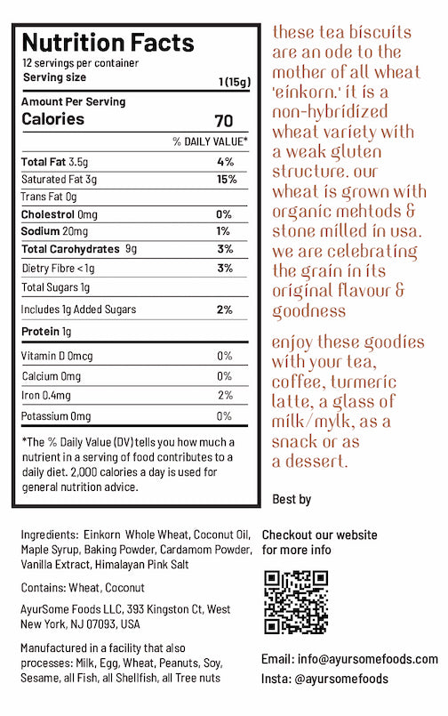 nutritional label for whole grain cookies, benefits of einkorn wheat, where einkorn is grown, and contact info for ayursome foods