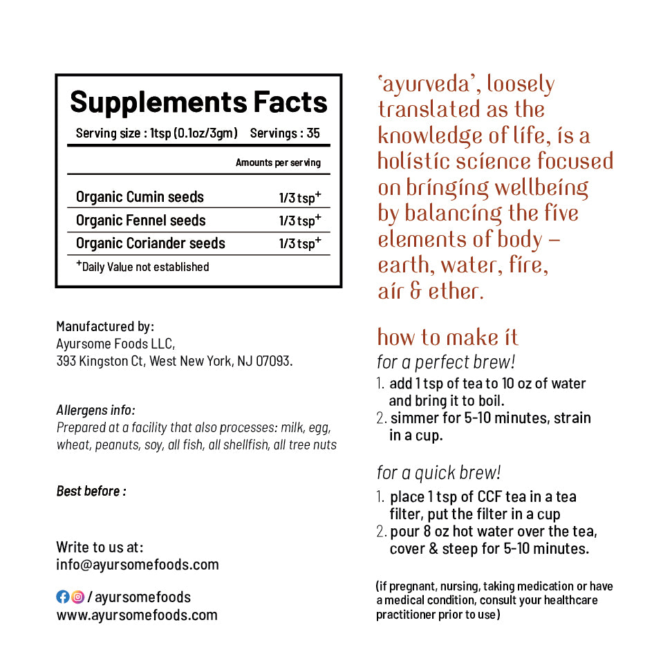back label of ccf tea. the label includes supplement facts, info on how to make ccf tea and ayursome foods contact info