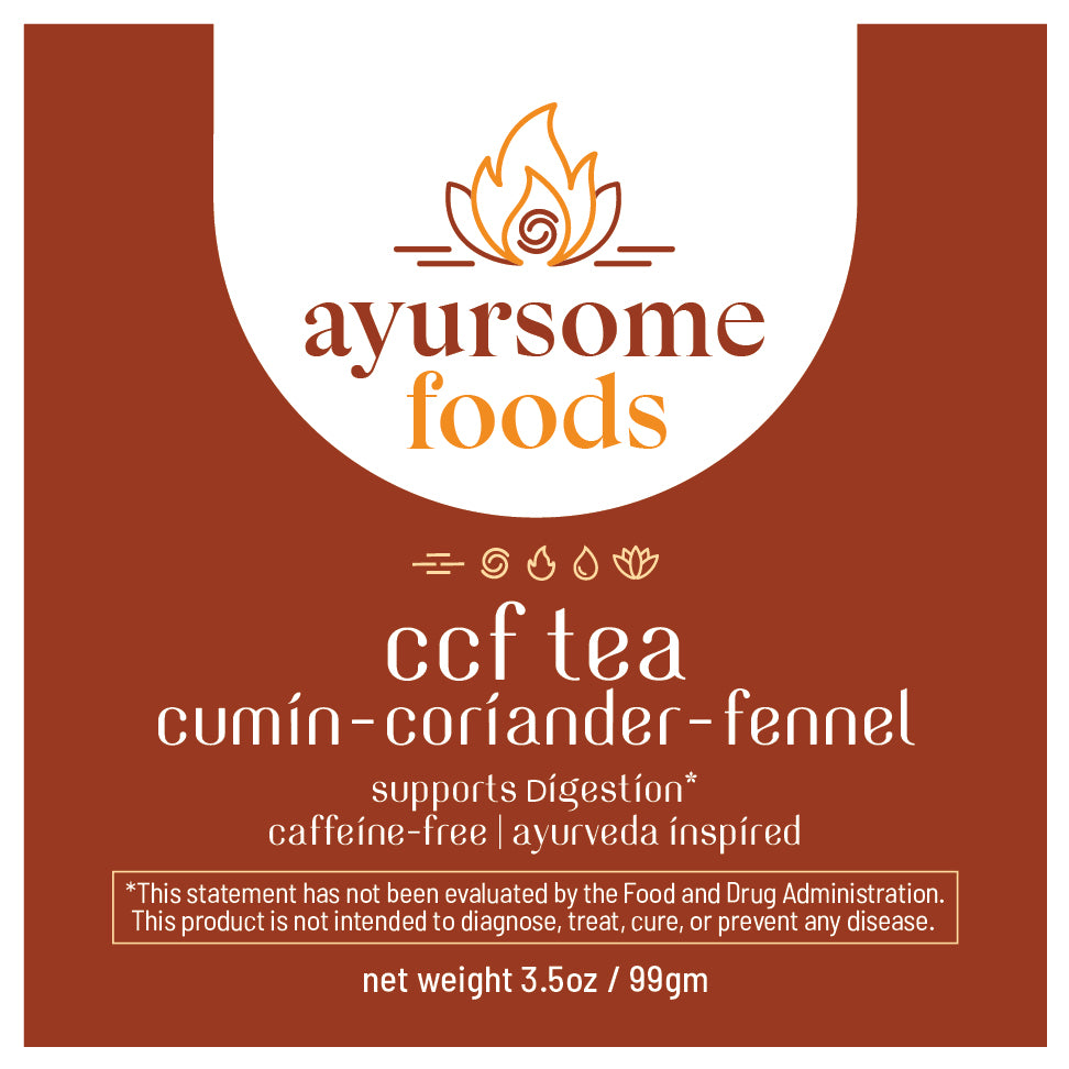 Label of the organic ccf tea. the red color label as ayursome foods logo, product description and net weight