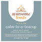grey label of the calming tea by ayursome foods. the bedtime tea helps relax and unwind. the label is grey and says that the net weight is 1.5 oz
