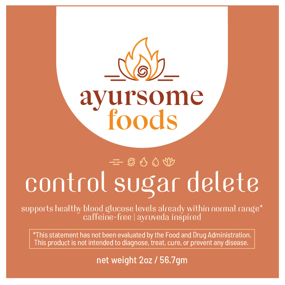 front label of Ayursome Foods' Control Sugar Delete Tea. The label has images of the Ayurveda doshas, and states that the Gurmar tea supports healthy blood glucose levels already within normal range, the FDA disclaimer and the net weight