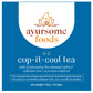 front label of ayursome foods' ayurvedic pitta balancing tea. the label is blue. it has ayursome foods logo, the product name as cup it cool tea and the net weight and benefits of the herbal tea for calming pitta