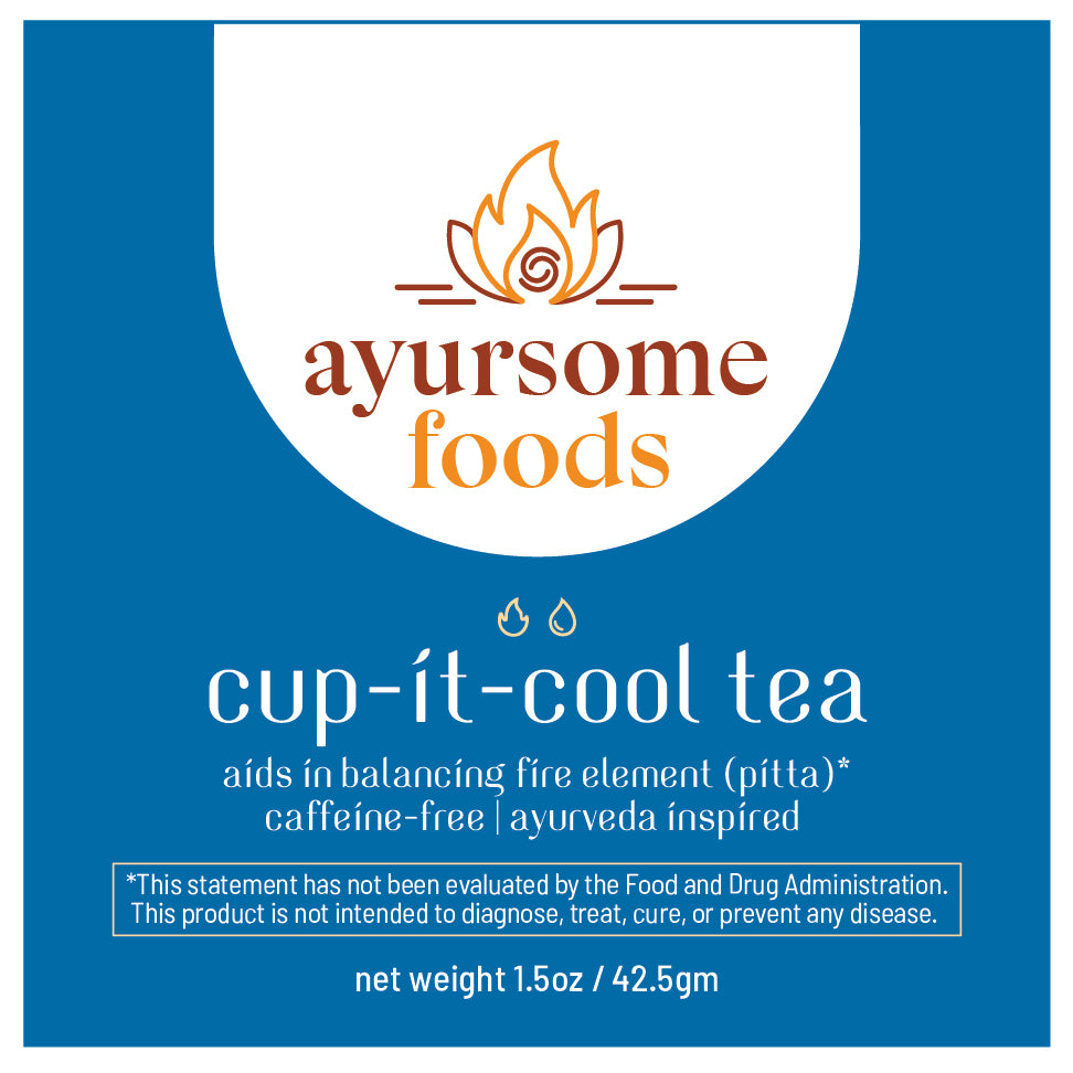 front label of ayursome foods' ayurvedic pitta balancing tea. the label is blue. it has ayursome foods logo, the product name as cup it cool tea and the net weight and benefits of the herbal tea for calming pitta