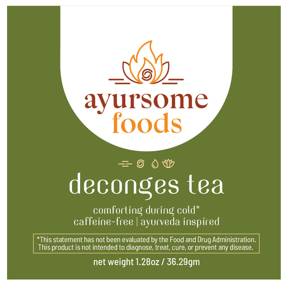 green product label of tulsi ginger tea by ayursome foods. the label contains the logo, product name deconges tea and functionality that it is comforting during cold, net weight of 1.28 oz
