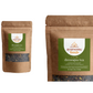 Ayursome Foods organic tulsi tea for vata and kapha doshas is packed in recyclable Kraft stand up pouch. The pouch has a transparent window from which the loose leaf brown green tea can be seen. The label gives more info on the tea and net weight