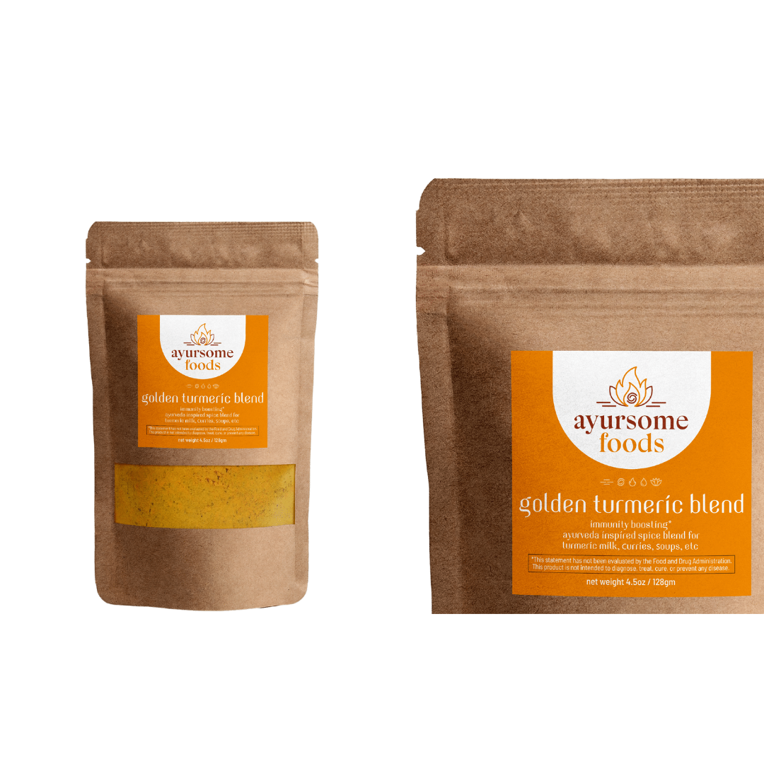 Ayursome Foods organic turmeric spice blend is packed in recyclable Kraft stand up pouch. The pouch has a transparent window from which the golden turmeric spice blend can be seen. The label gives more info on the ayurvedic spice and seasoning