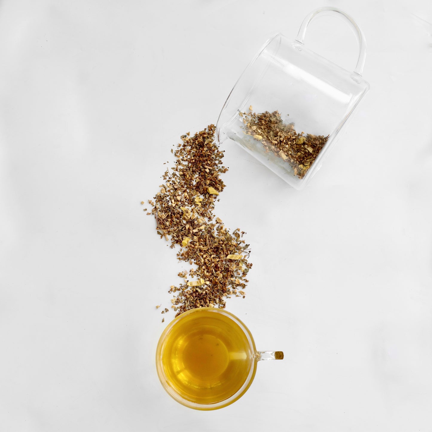 Organic Tulsi ginger tea ingredients falling from a glass cup into a cup of brewed decongestant tea. the picture is clicked on a white background